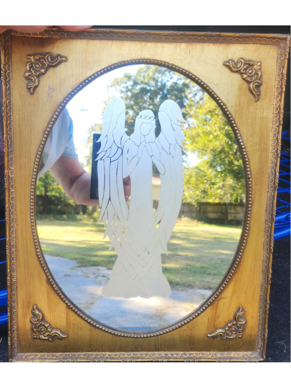 Vintage Ornate Framed Mirror, with Etched Angel Design.